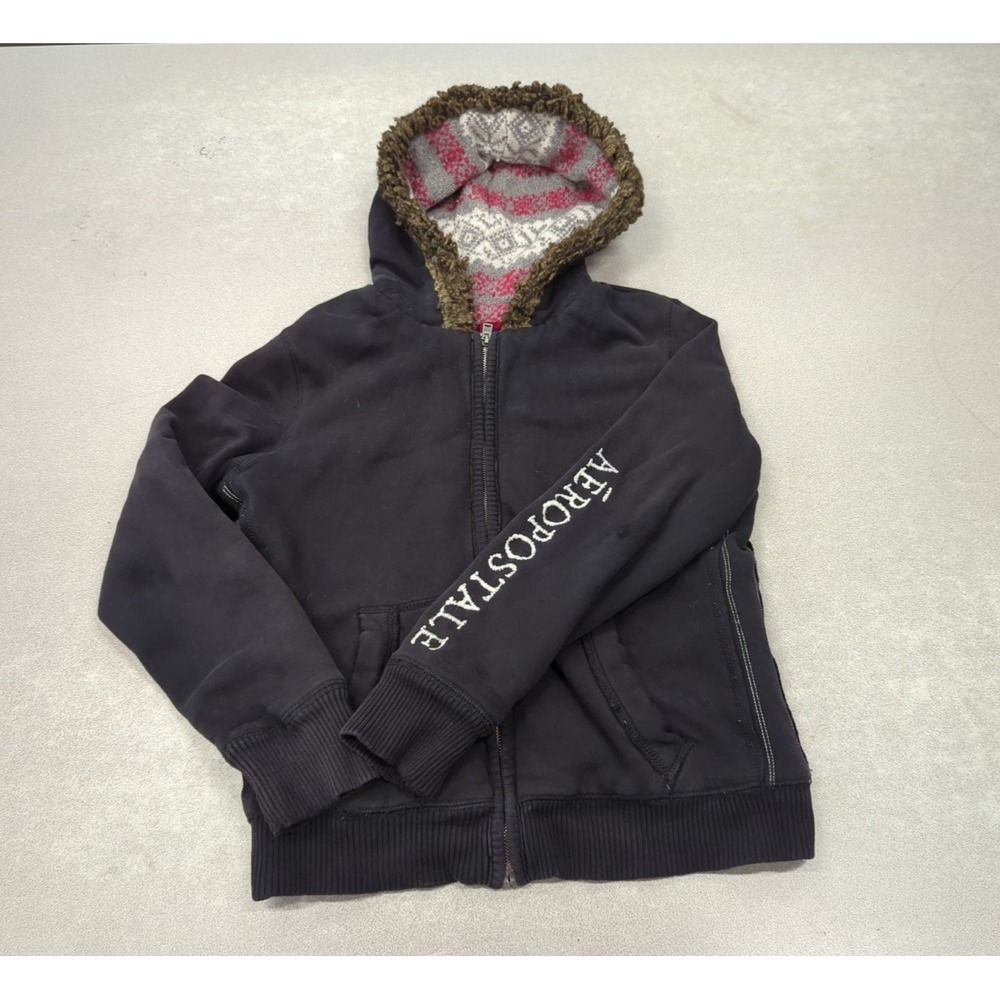 Vtg Aéropostale Full Zip Hoodie L Black Faux Fur Trim Lined Fair Isle Y2K Bella